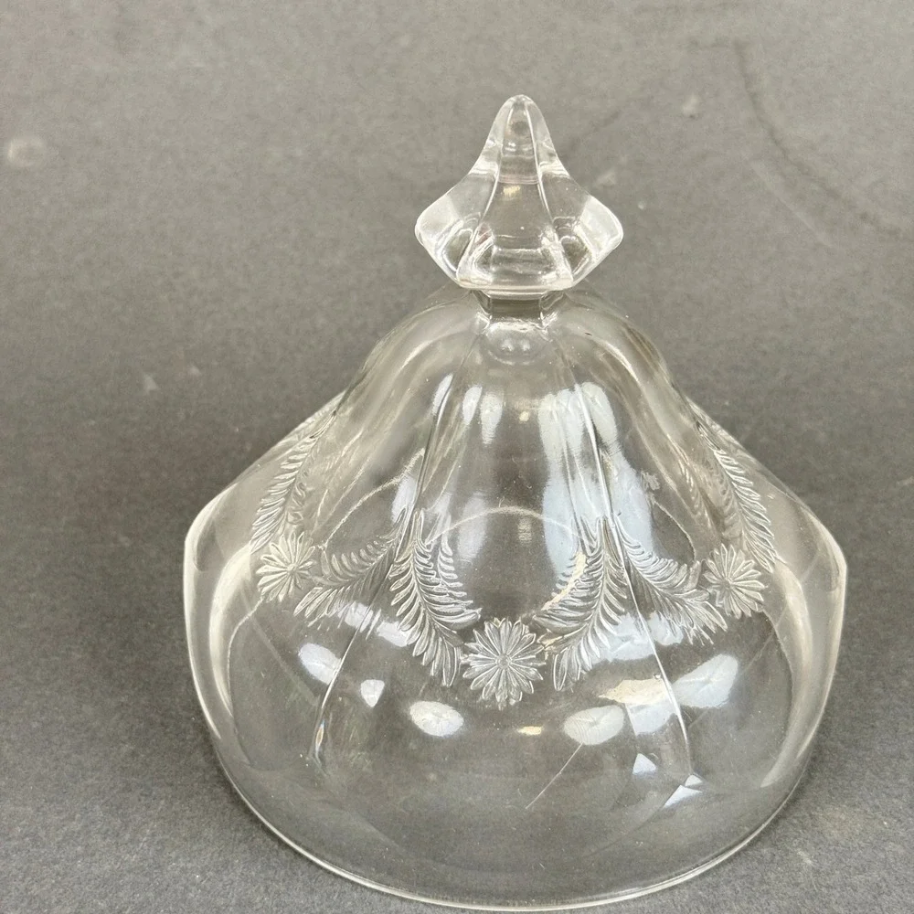 Pressed Glass Floral Etched Butter Dish with Lid, Hexagonal Base Clear Vintage